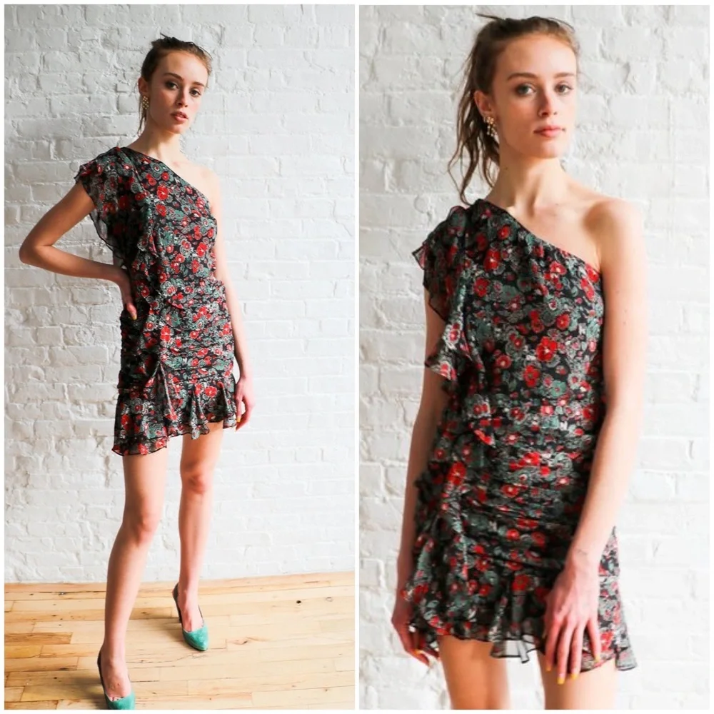 NWT Veronica Beard Ruched Floral Ruffled One Shoulder Mini Dress - Picture 6 of 14